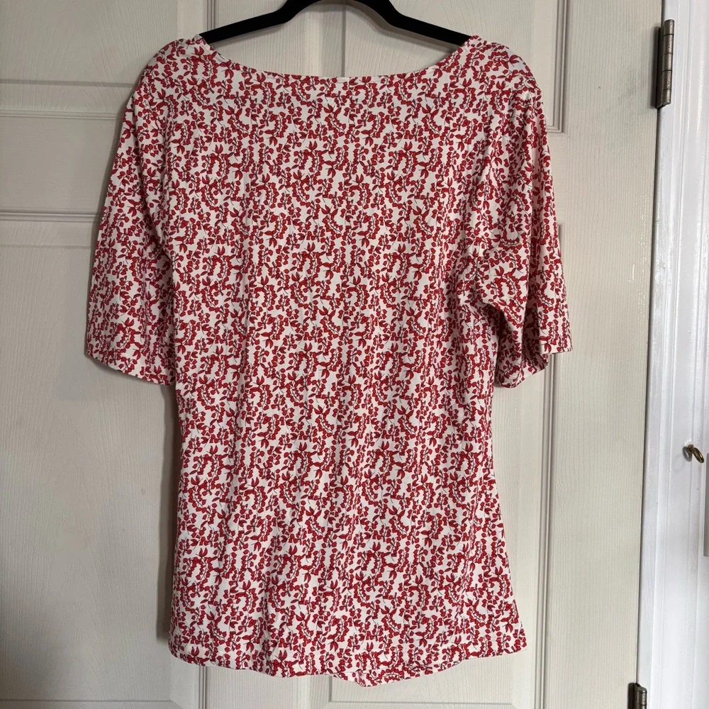 Lands End Tie Front Blouse Cotton Tencel Red White Patterned Short Sleeve Top - Picture 12 of 12